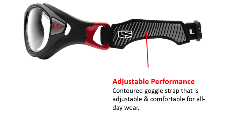 adjustable goggle strap contours over the ears for more comfortable fit