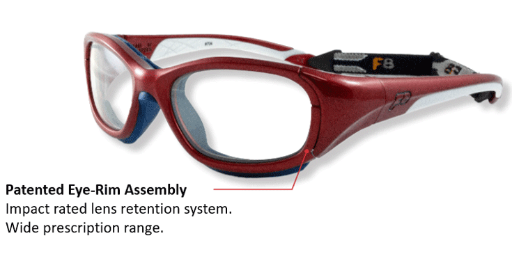 Patented eye rim assembly impact rated lens retention system. Wide prescription range