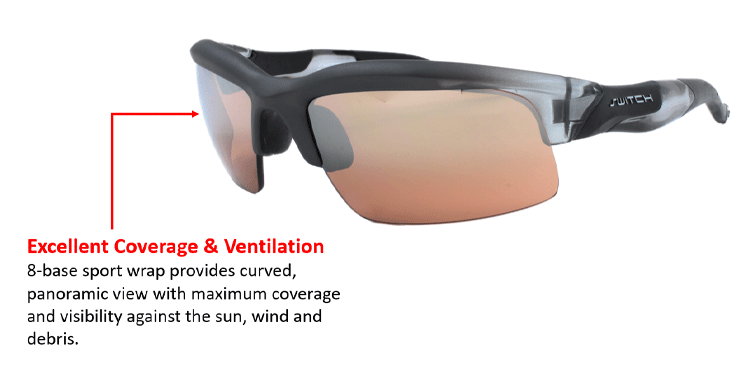 flexible temples & adjustable strap for stability in motion & sport wrap frame for wide field of view